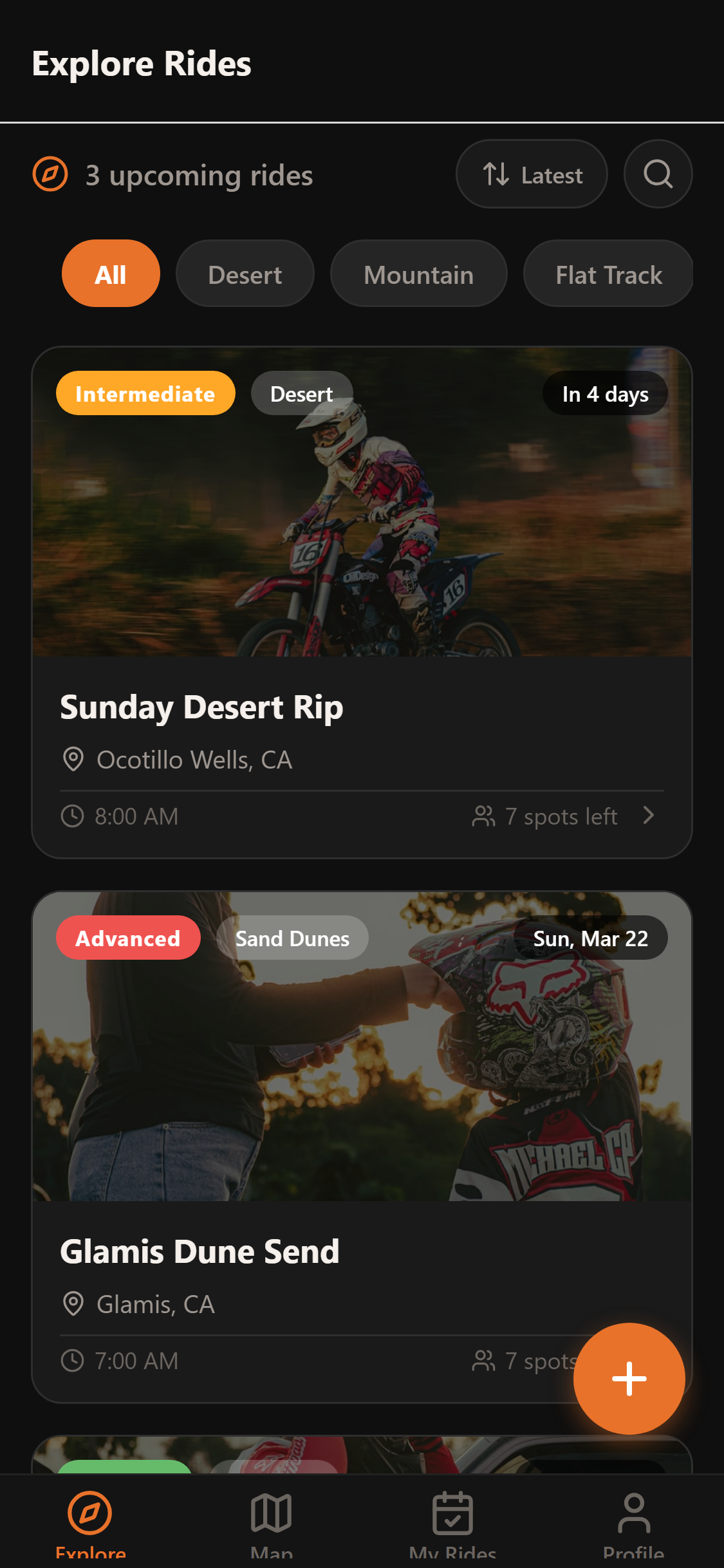 DirtMeet rides feed screenshot